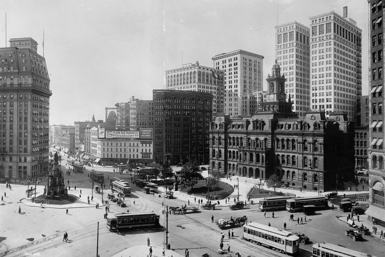 Campus Martius in Detroit photographed in the early twentieth century, with streetcars and crowds