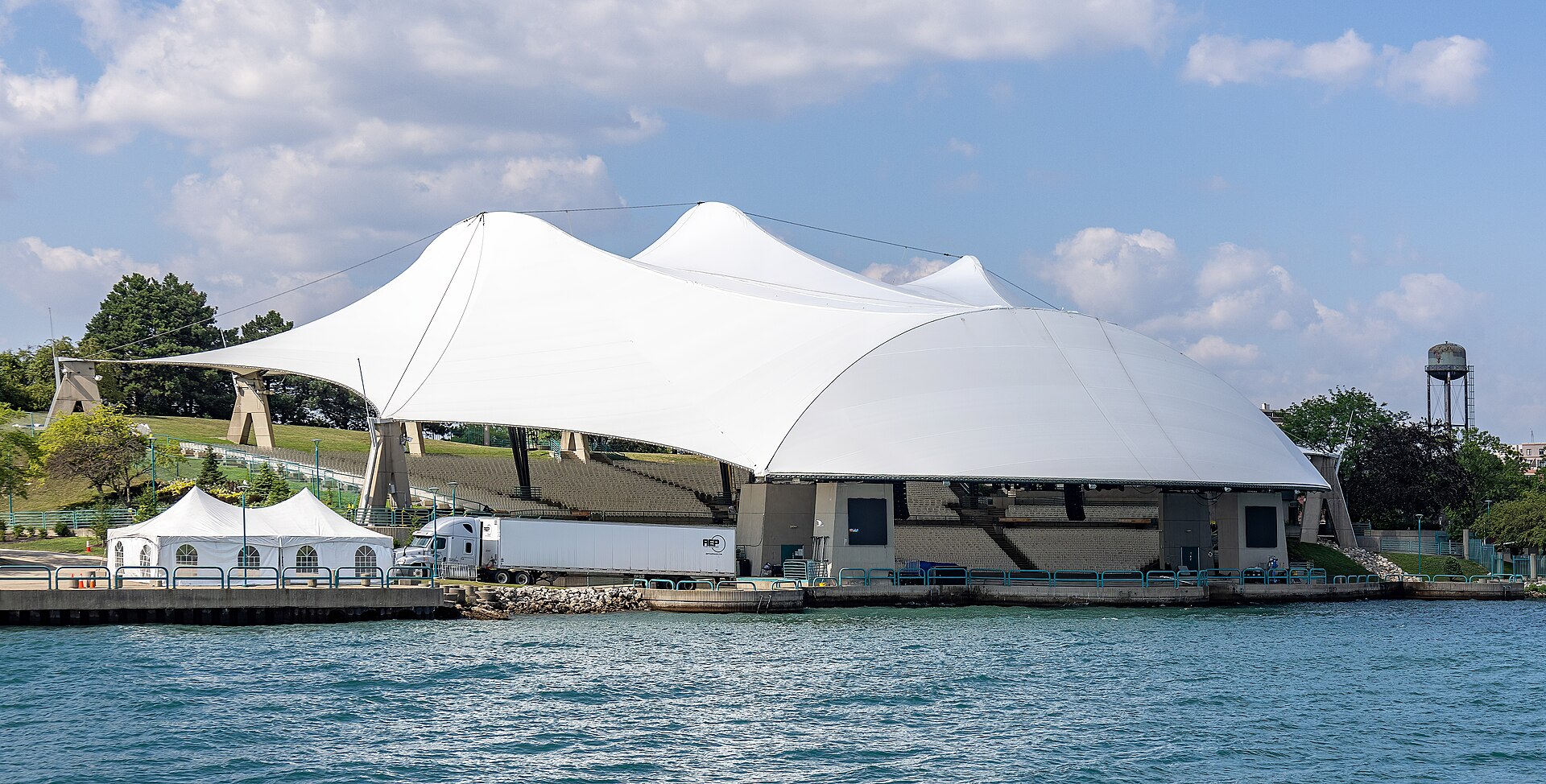 Aretha Franklin Amphitheatre from Detroit River, Detroit, Michigan, 2025-07-27 02
